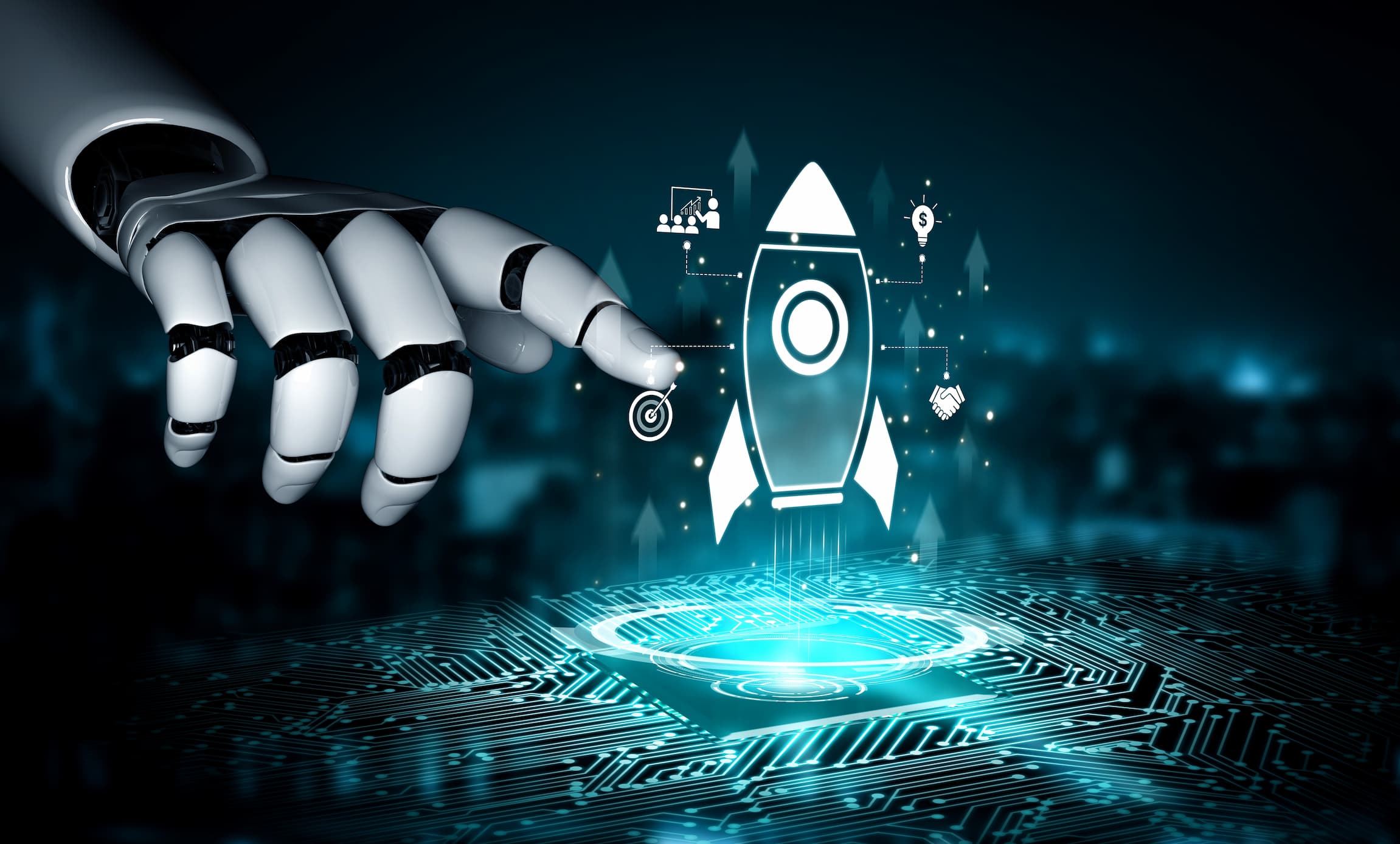 The Future of Business AI Section - image of robot arm touching digital rocket on screen