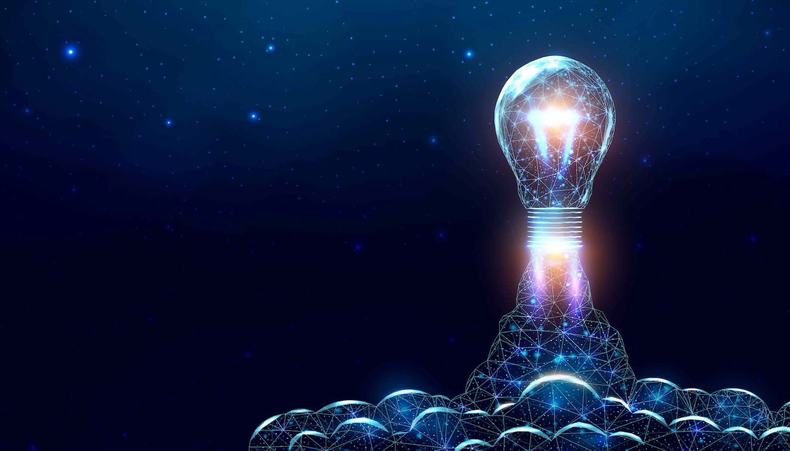 Section image - graphic with a lit up lightbulb being pushed to the top of a pile of lightbulbs. 