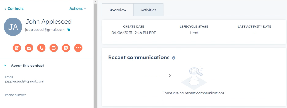 Confirmation that our newly-created contact has been added to our CRM.