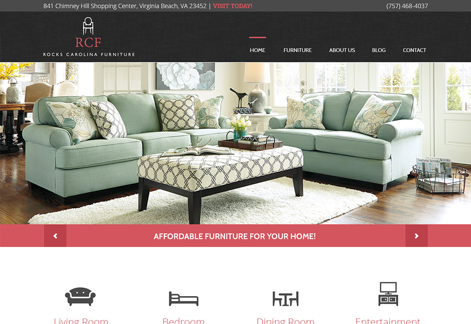 Website Homepage layout designed by Eternal Works for the Rock's Carolina Furniture website redesign