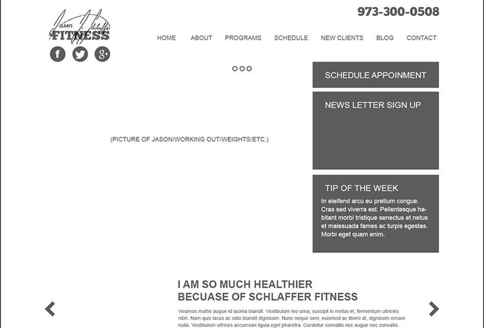 The wireframe used to outline the new website design for Exervolve Fitness